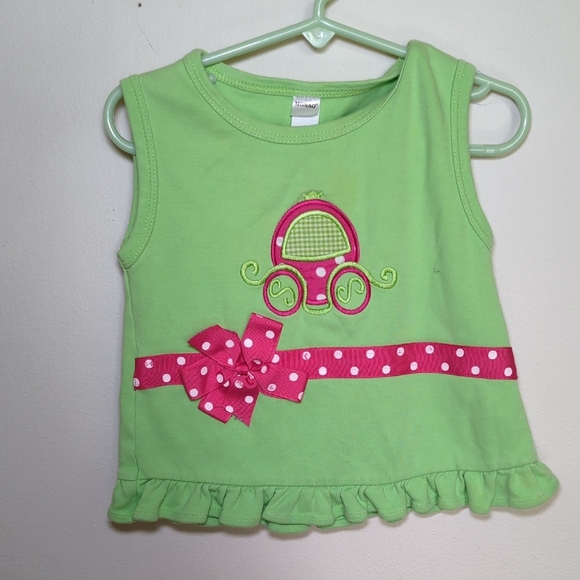 Monag Monagrammed Green & Pink Polka Dot Carriage Tank with Ruffle Girls Size 2 - Picture 1 of 4